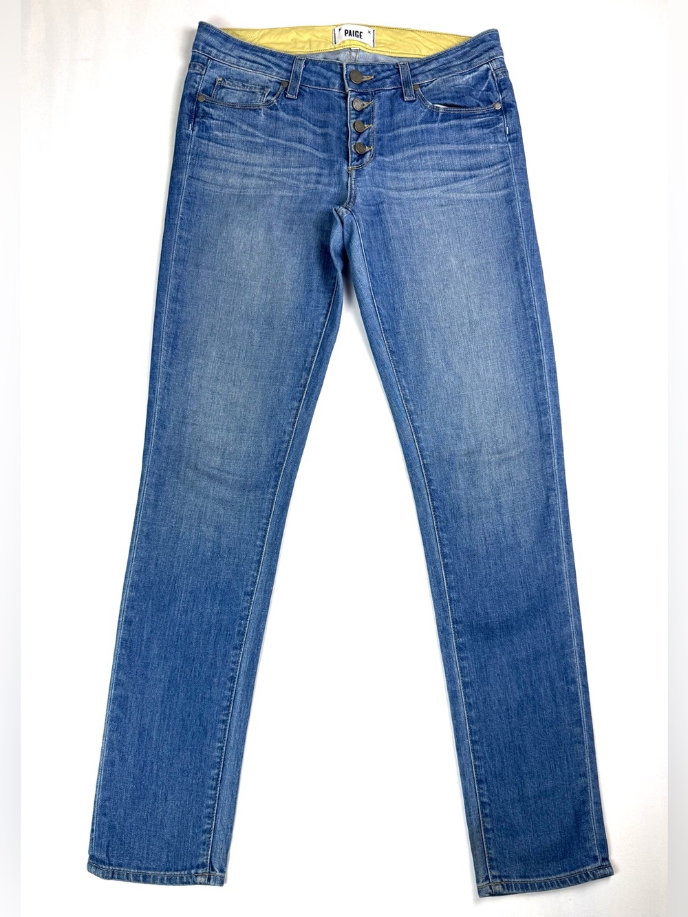 PAIGE Whisper Low Rise Button Fly Skinny Jeans Medium Wash Stretch 28